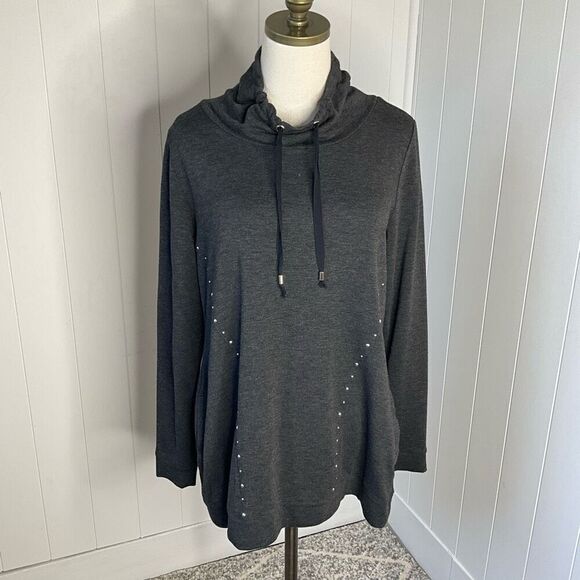 Belldini Womens Medium Pullover Embellished Hoodie Sweatshirt Gray Pockets - Picture 1 of 14
